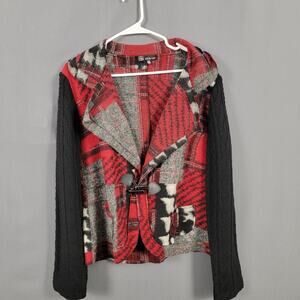 Carré Noir Women’s L Wool Blend Mixed Media Plaid Jacket Knit Sleeve Toggle